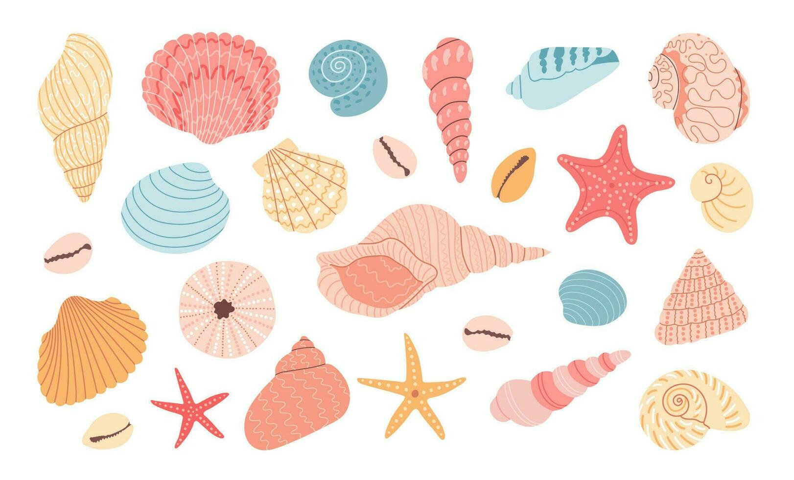 Set of seashells and starfish on white background. Hand drawn colorful vector illustration. Flat cartoon style. Summer vacation collection, tropical beach shells.