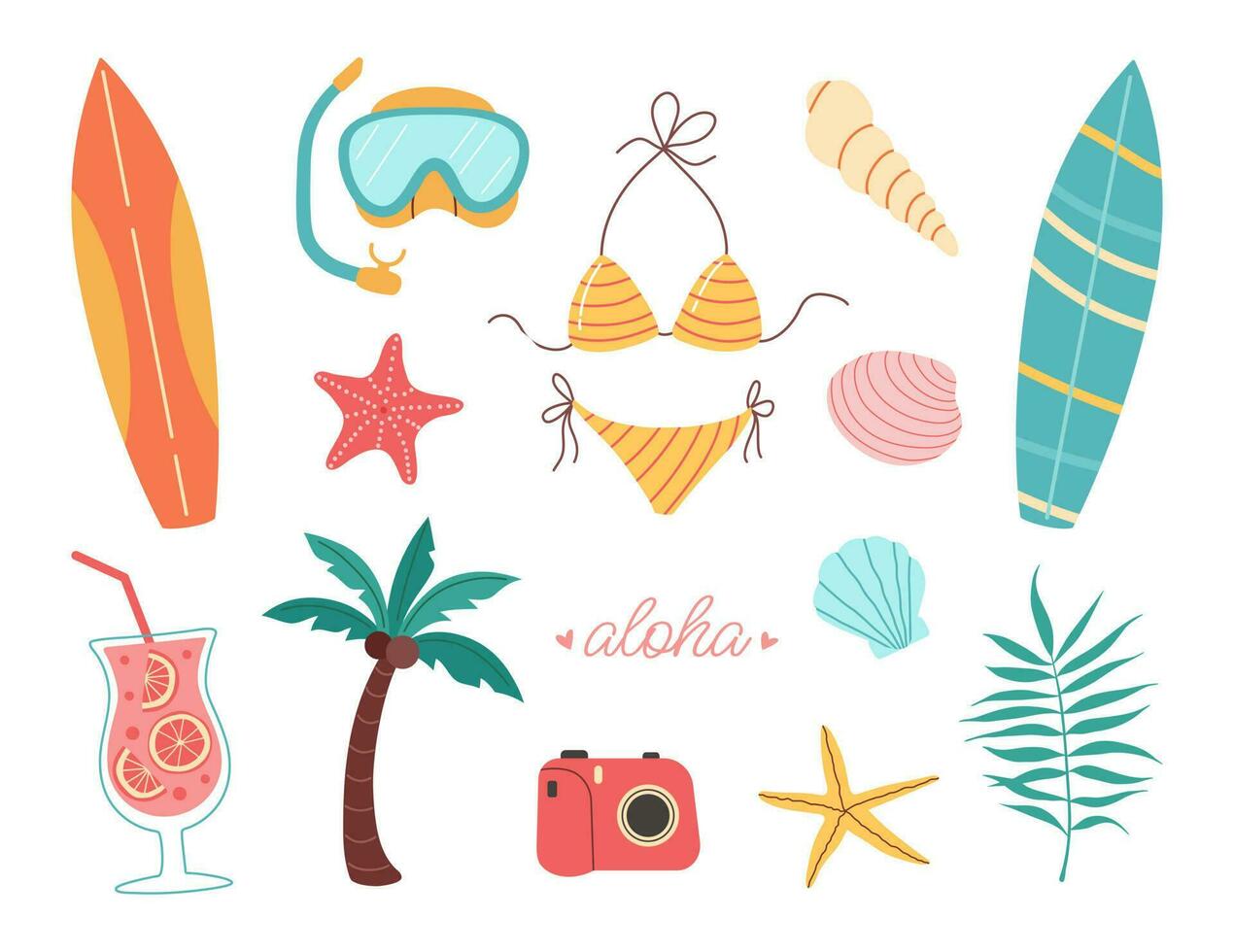 Set of summer element, beach accessories. Surfboard, palm, seashell, camera, cocktail, bikini, flamingo, swimming mask. Accessories for sea holidays. Cartoon flat vector illustration.