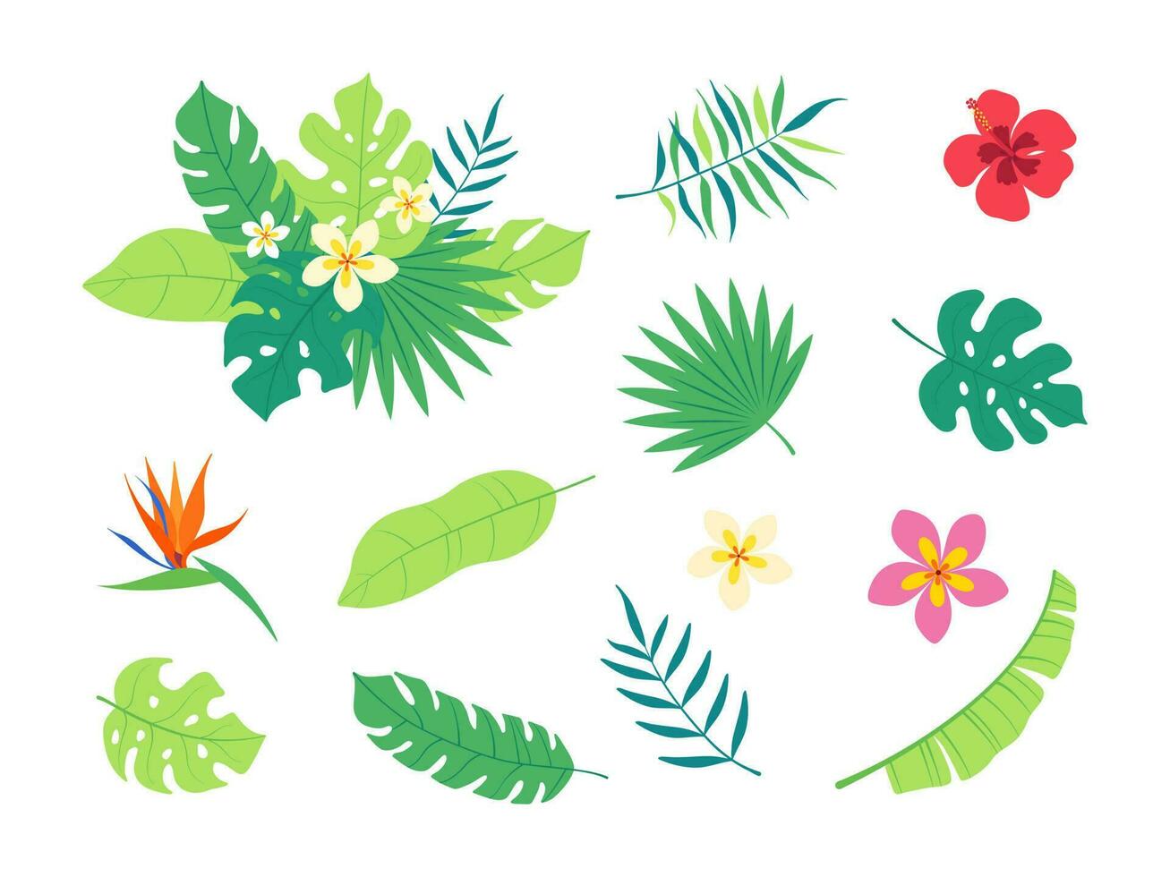 Tropical flowers, palm leaves, jungle leaves, bird of paradise flower, hibiscus, plumeria. Vector flat exotic illustrations, Hawaiian bouquet for greeting card, wedding, poster.