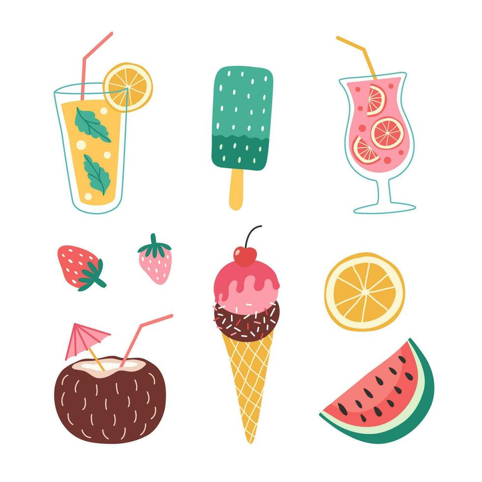 Set of cute summer elements. Ice cream, cocktails, watermelon, coconut juice, strawberry. Summer sweet food. Collection of scrapbooking stickers. vector