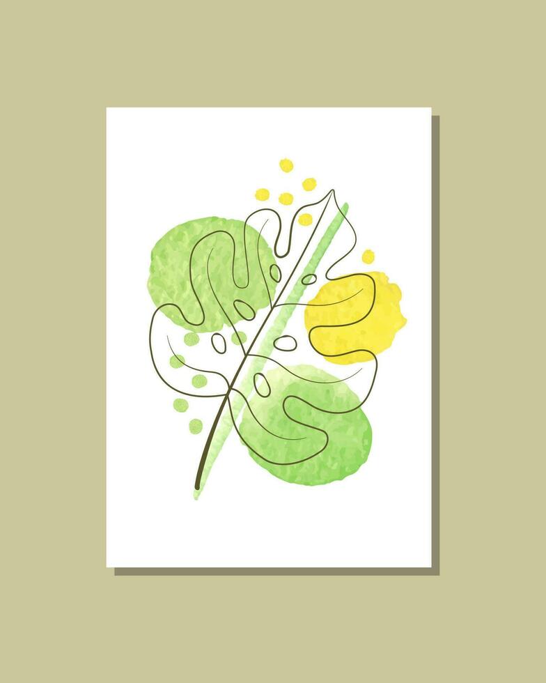 Minimalist poster with a tropical leaf on a white background with watercolor spots. Artistic drawing with a line. Abstract botanical design for framed prints, home decor, cover art, wallpaper. vector