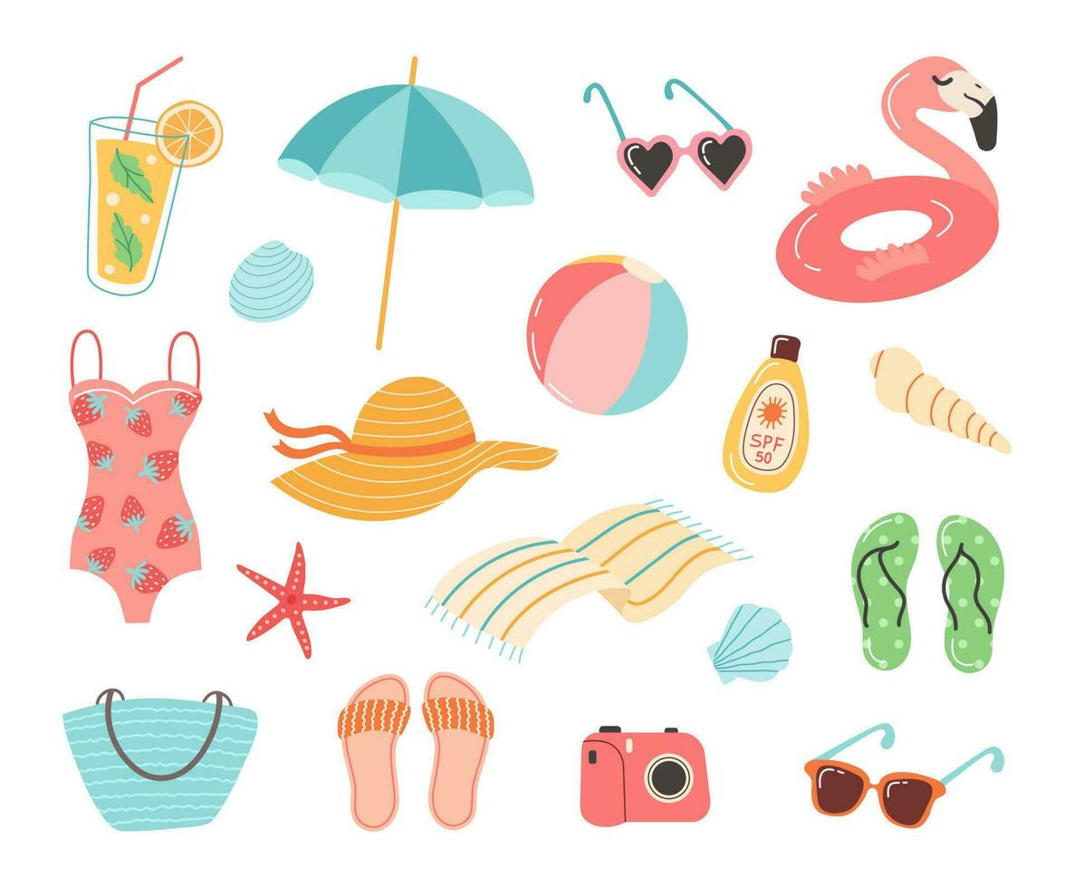 Set of summer element, beach accessories. Sunglasses, umbrella, banana, sunblock, cocktail, slippers, sun hat, swimsuit, flamingo, foto. Accessories for sea holidays. Cartoon flat vector illustration.