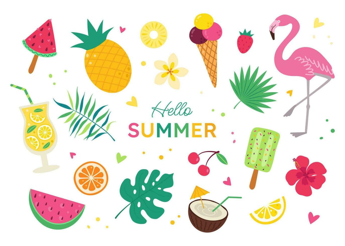 Set of cute summer elements. Icons for tropical vacations. Flamingos, ice cream and pineapple, leaves and cocktail, plumeria and coconut, hibiscus. vector