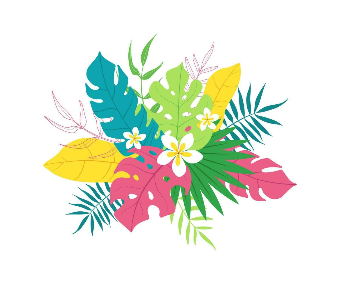 Summer time, bright and fun design concept. Creative plant background, tropical leaves and plumeria flowers. Summer sale, summer party, poster, template, banner. Greeting card Hello summer. vector