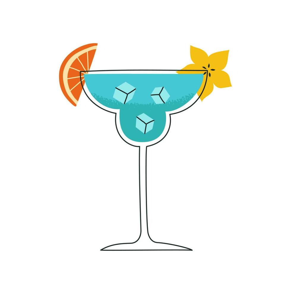 Hand drawn cocktail Blue lagoon. Tropical summer cocktail with ice and slices fruits. Vector flat illustration.