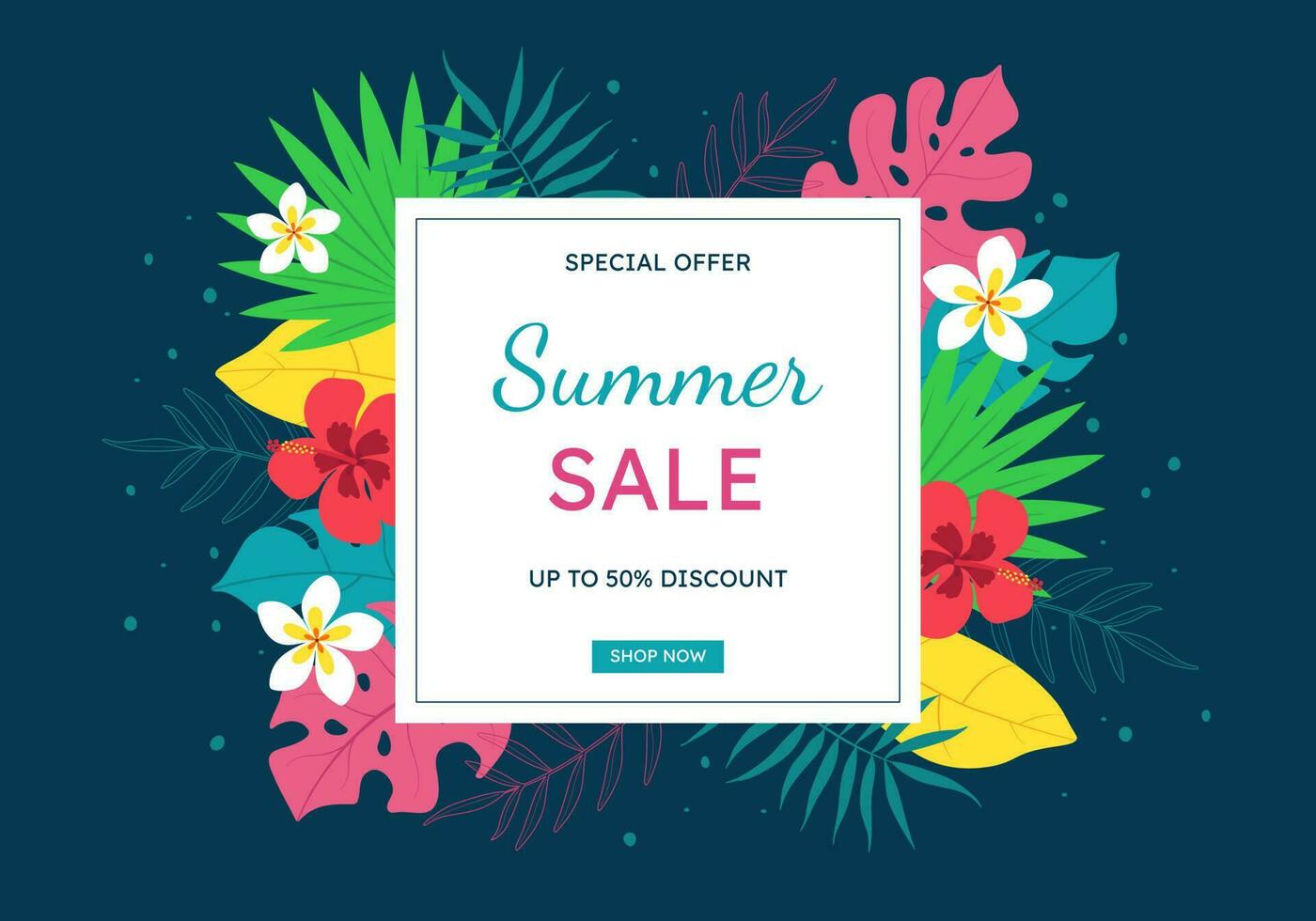 Banner of the summer sale. Creative bright, blue, pink background with tropical leaves, plumeria and hibiscus flowers. Summer sale, poster template, banner on the Internet. vector