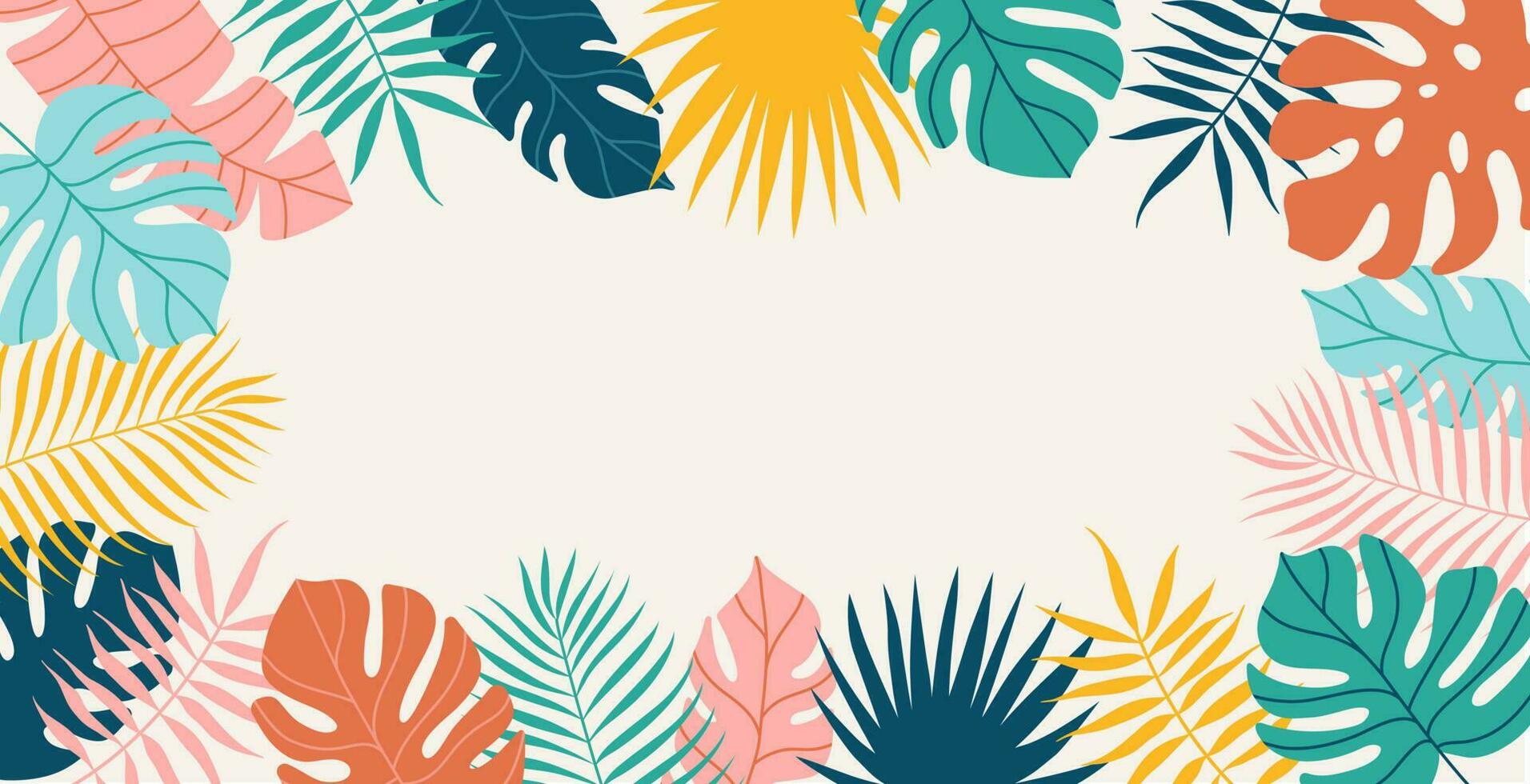 Summer tropical background with copy space for text. Palm leaves. Floral exotic hawaiian wallpaper. Modern trendy colorful design. Vector template for greeting cards, posters, banners.