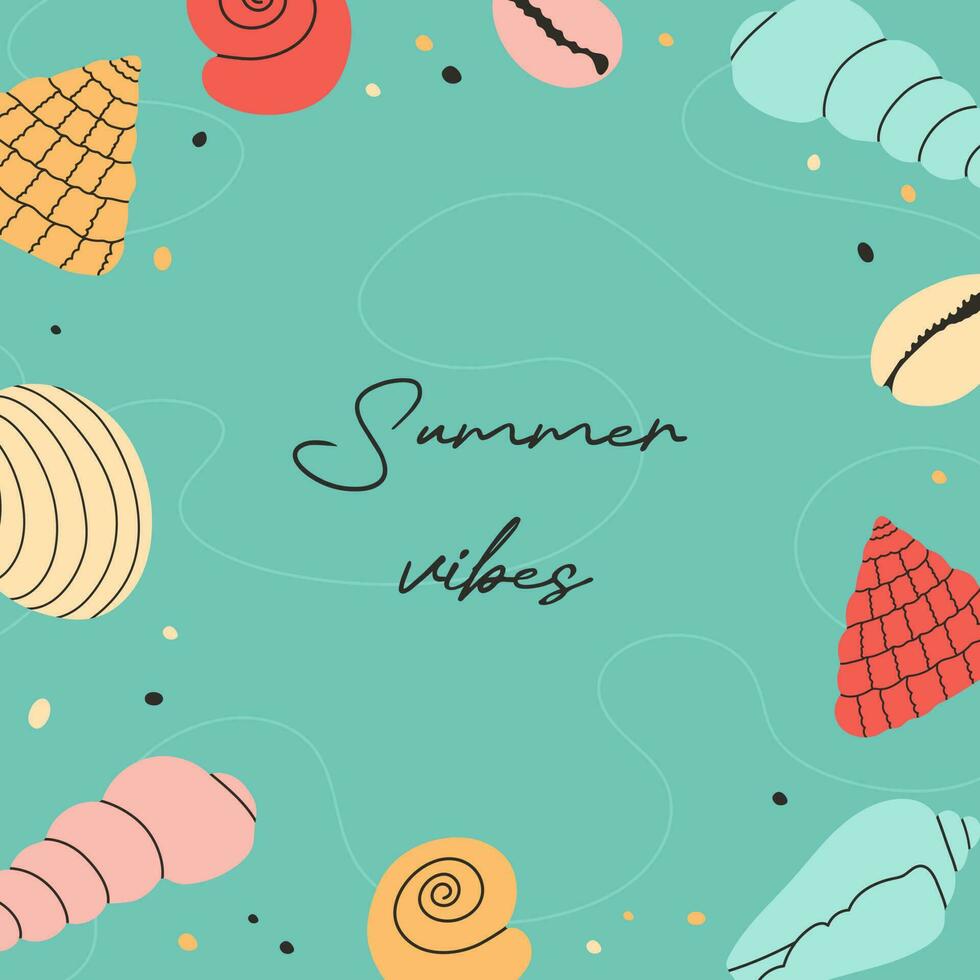 Summer modern background with hand draw colorful seashells, starfish and hand written text. Beautiful summer holidays poster. Vector templates for card, banner, invitation, social media post.