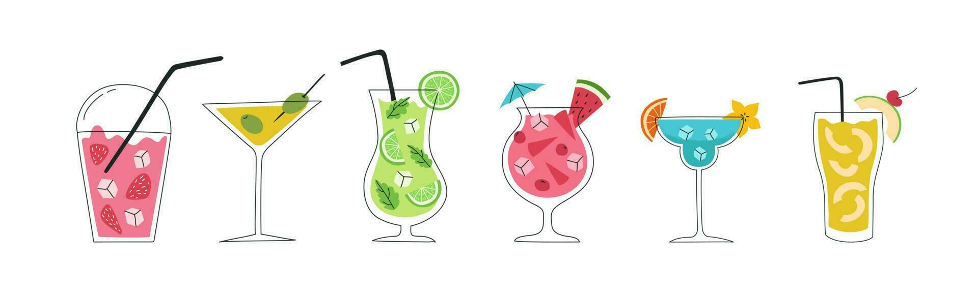 Set of hand drawn colorful cocktails. Summer holiday and beach party concept.  Popular drinks in different types of glasses. Vector illustration of summer cocktails.