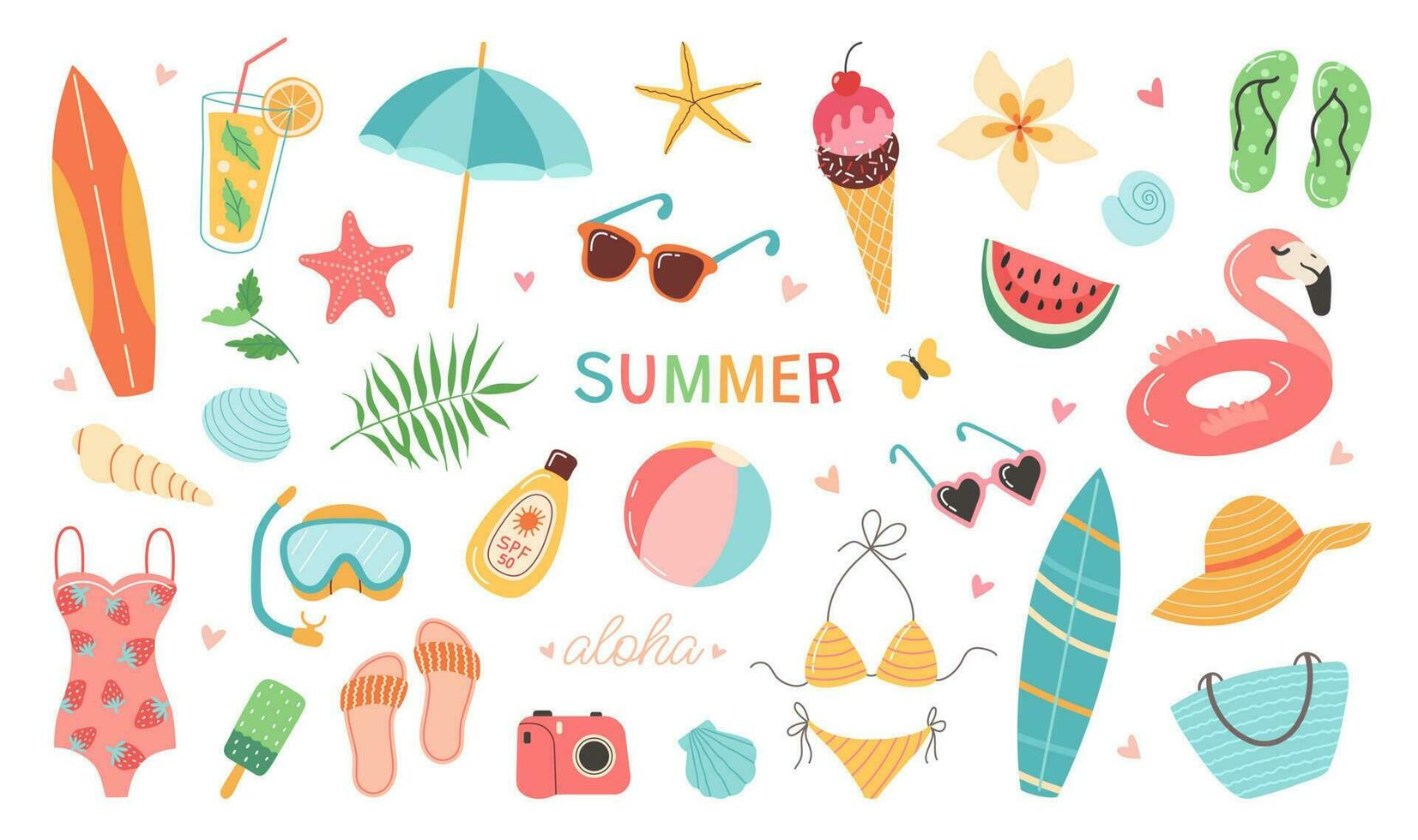 Set of summer stickers. Icons for tropical vacation. Seasonal elements collection. Flamingos, ice cream, pineapple, tropic leaves, cocktails, plumeria, watermelon, surfboard, beach accessories. vector