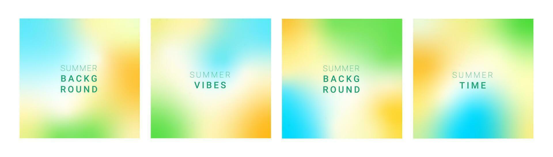 Summer backgrounds, square cards. Trendy gradients, blurred backgrounds, y2k. Modern templates for social media posts, ads, covers, banners design. Vector aesthetic summer set.