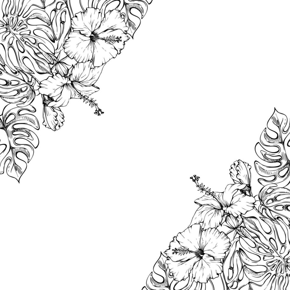 mano dibujado vector tinta exótico monstera hojas y hibisco flores cuadrado frontera marco. aislado en blanco antecedentes. diseño pared arte, boda, imprimir, tela, cubrir, tarjeta, turismo, viaje folleto.