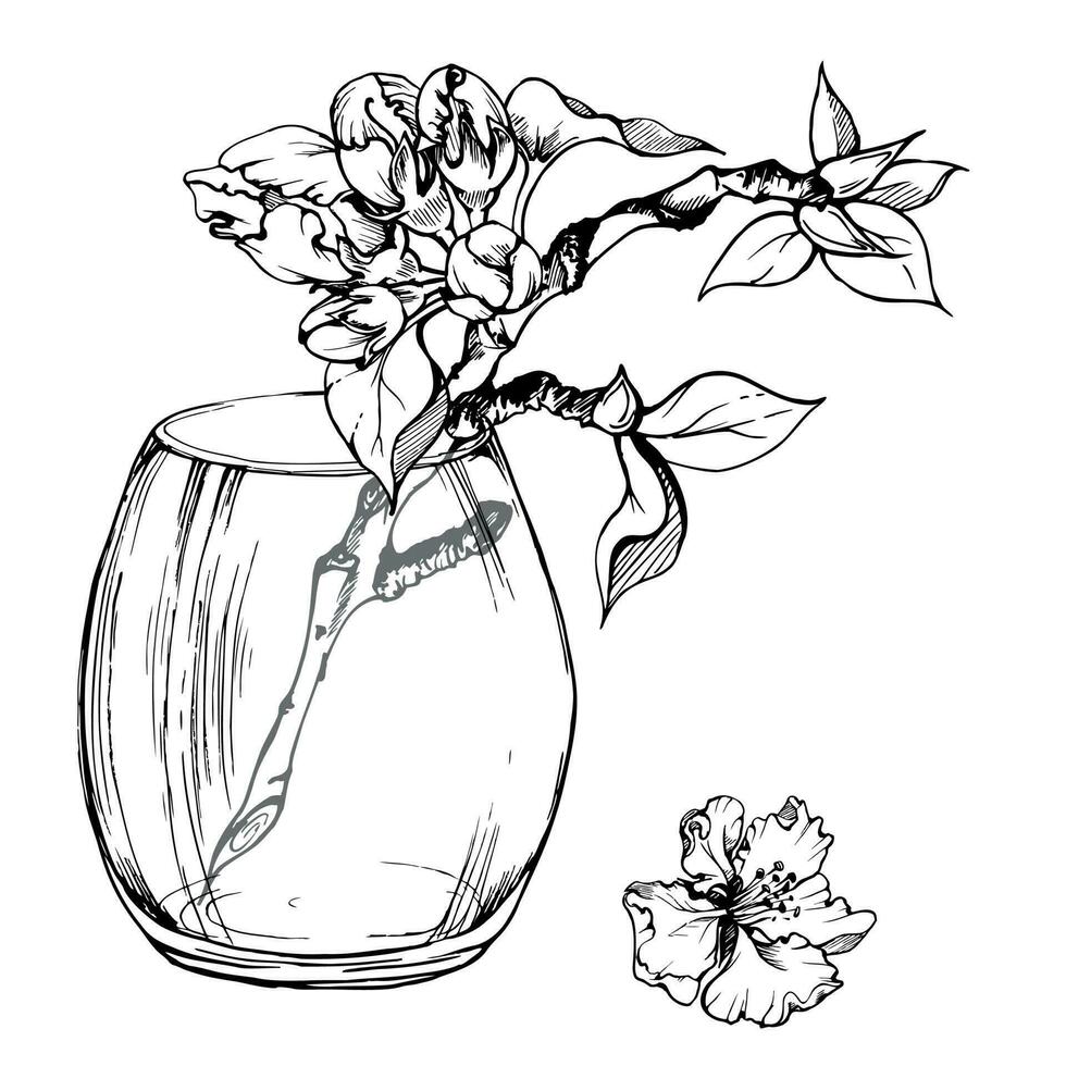 Hand drawn ink composition with apple flowers on branch with leaves and glass bottle. Isolated on white background. Design for wall art, wedding, print, fabric, cover, card, invitation. vector