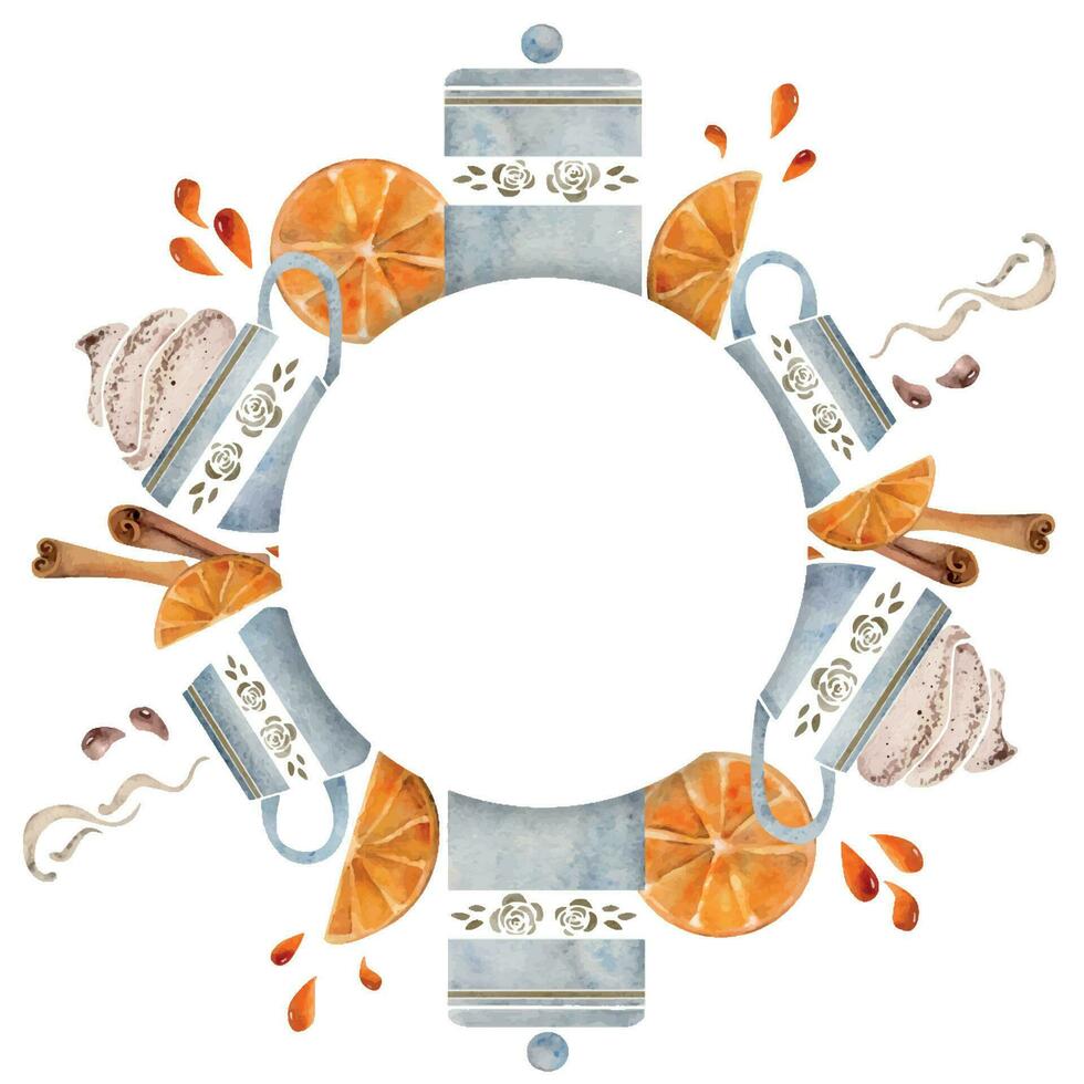 acuarela mano dibujado circulo marco guirnalda con café tazas, naranja rebanadas, jugo gotas. canela especia. aislado en blanco antecedentes. para invitaciones, cafetería, restaurante comida menú, imprimir, sitio web, tarjetas vector