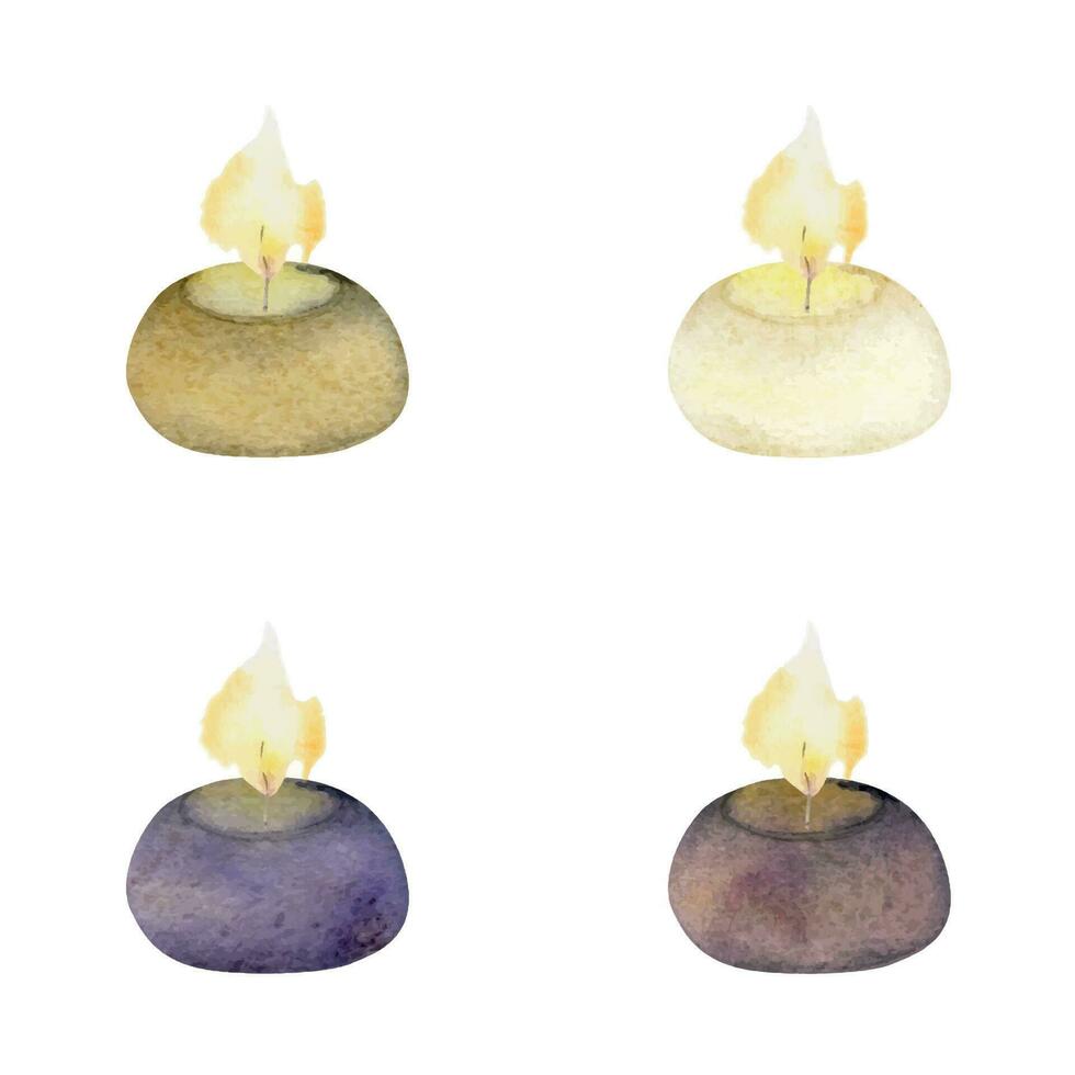 Hand drawn watercolor assorted candles lit with flames. Votives, balls, tea lights, pillars. Isolated object on white background. Design for wellness resort, print, fabric, cover, card, booklet. vector