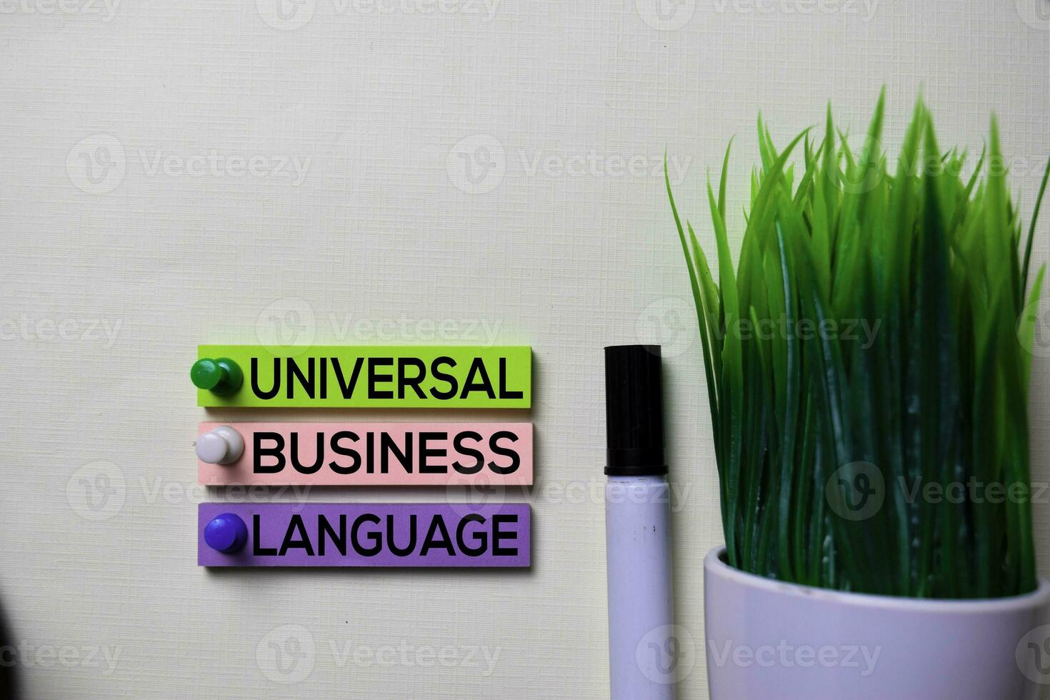 Universal Business Language text on sticky notes isolated on office desk photo