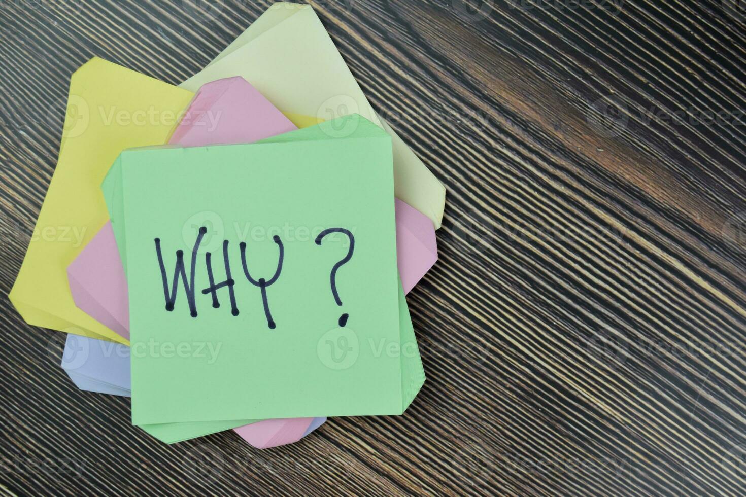 Concept of Why write on sticky notes isolated on Wooden Table. photo