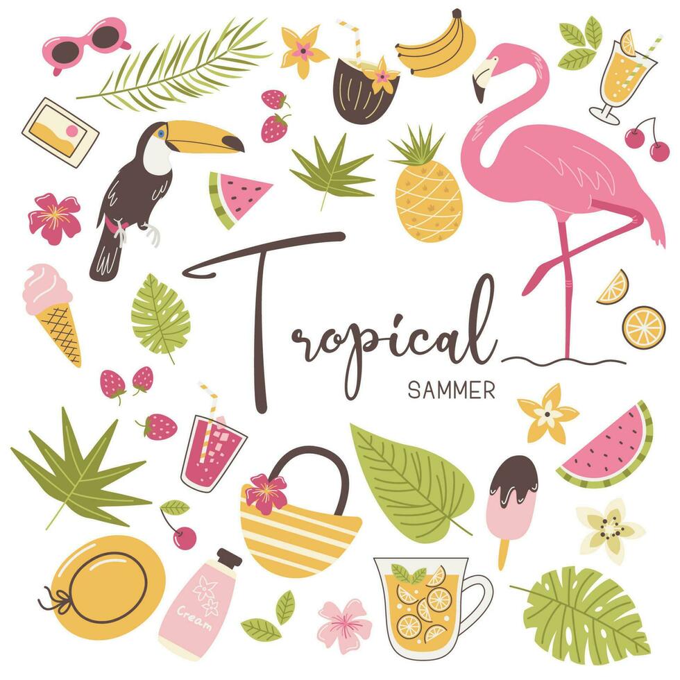 Set of cute summer icons vector