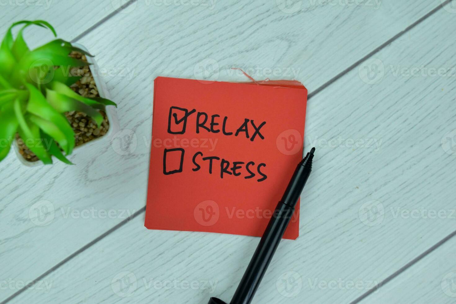 No Stress and Relax write on sticky notes isolated on Wooden Table. photo