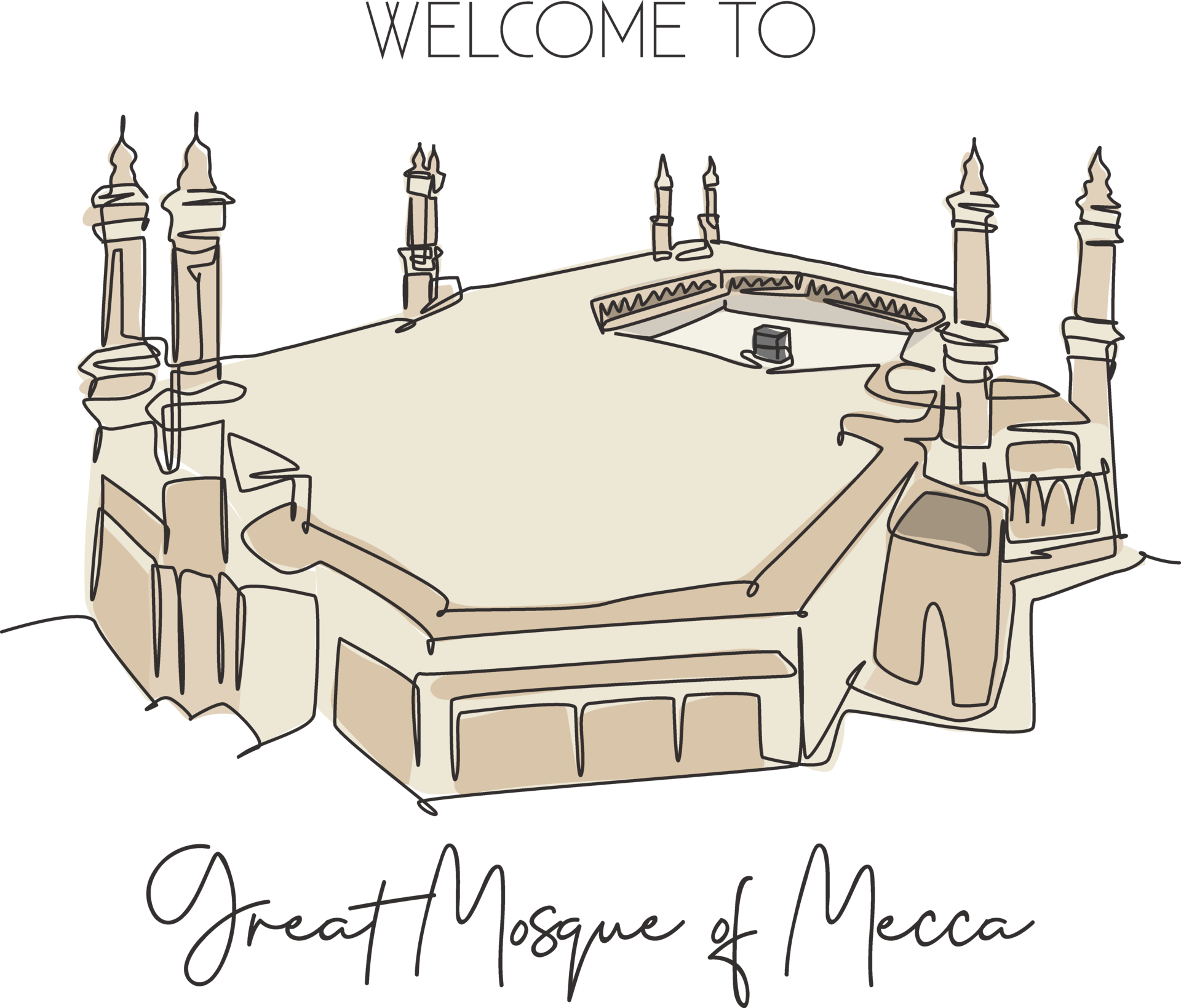 One continuous line drawing great mosque of masjid al haram landmark