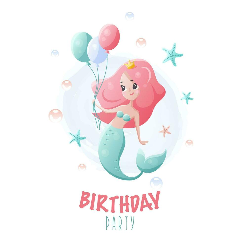 Birthday invitation card template with cute little mermaid princess, marine life cartoon character vector