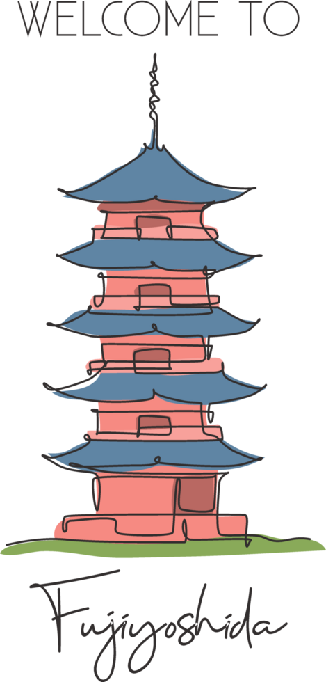 uno singolo linea disegno fuji san pagoda punto di riferimento. mondo famoso posto nel fujiyoshida, Giappone. turismo viaggio cartolina casa parete arredamento arte concetto. moderno continuo linea disegnare design illustrazione png