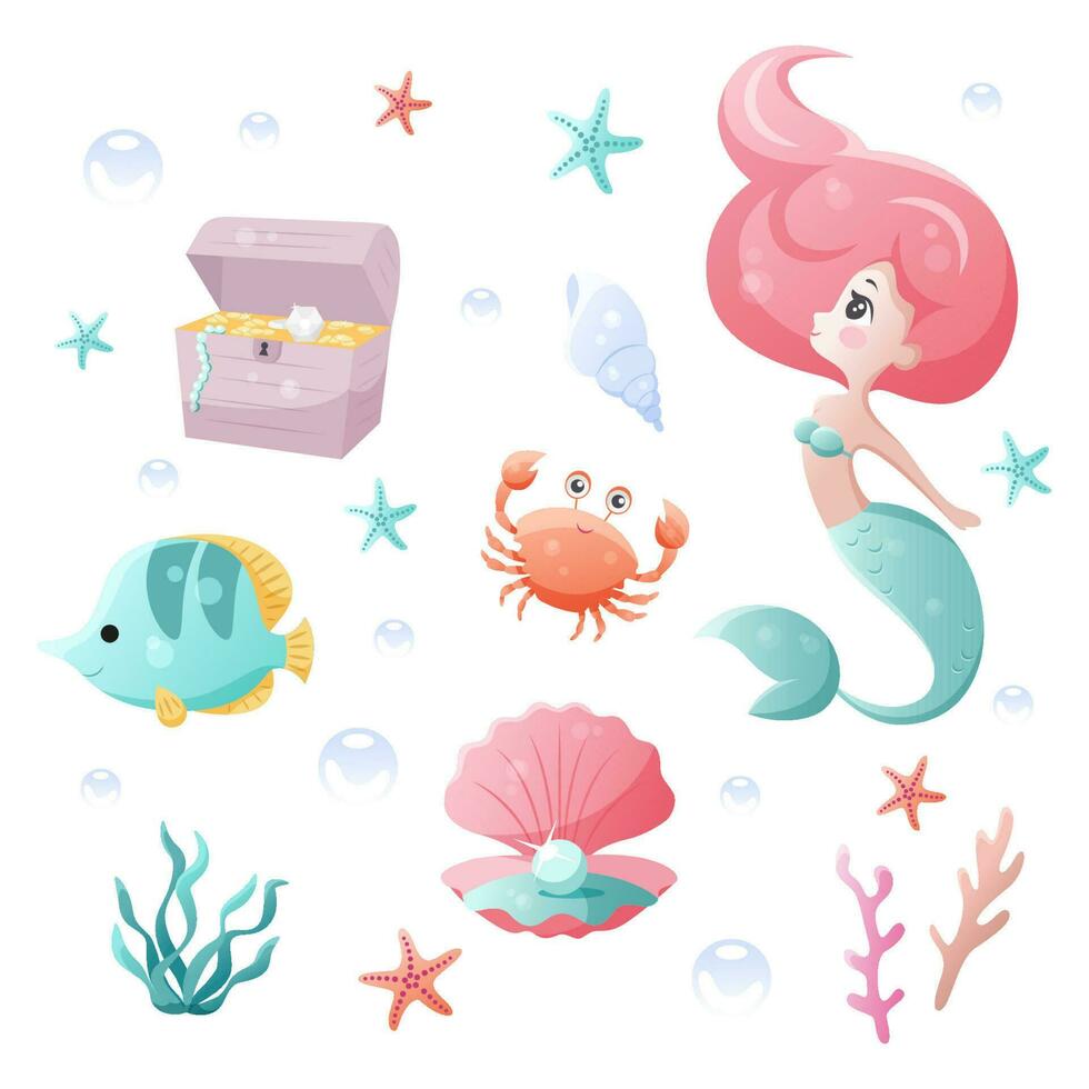 Vector set with sea animals and a mermaid. Collection of marine inhabitants in the cartoon style of children.