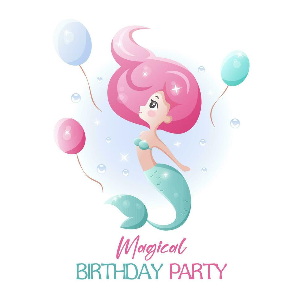 Birthday party invitation card template with cute little mermaid, marine life cartoon character vector