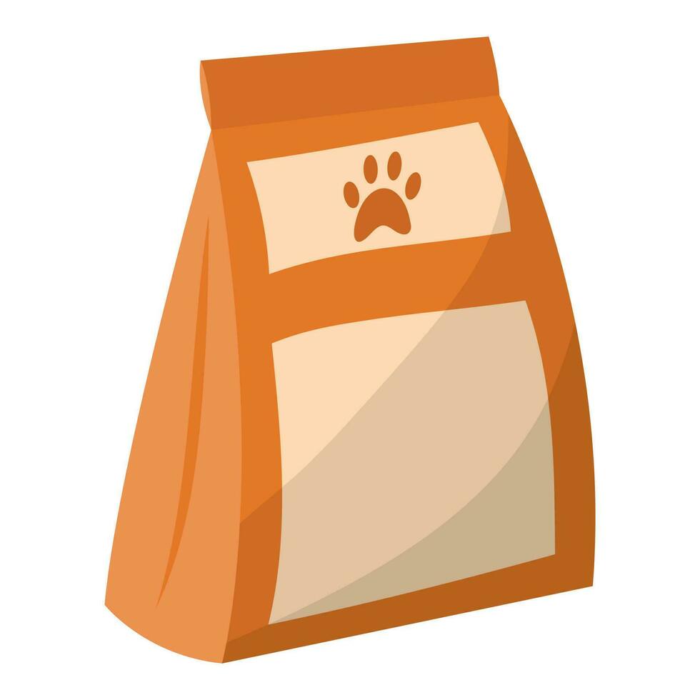 Food in a bag for cats and dogs. Vector color isolated illustration in cartoon style