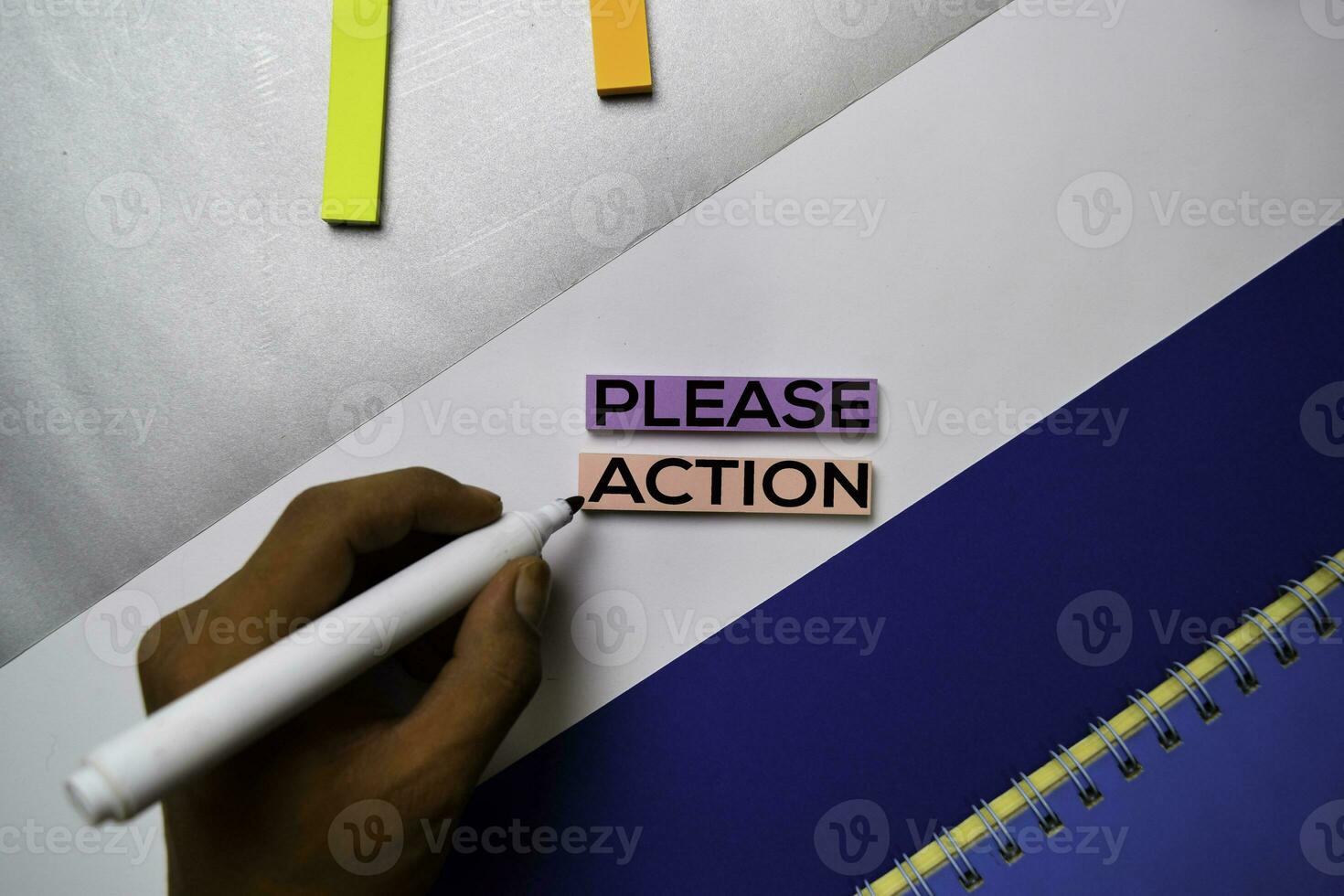 Please Action text on sticky notes with color office desk concept photo