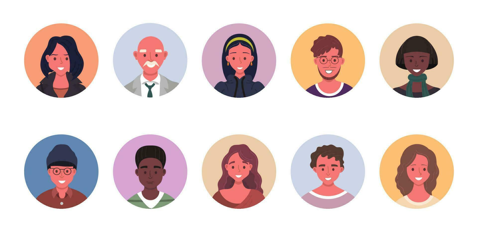 People avatar bundle set. User portraits in circles. Different human face icons. Male and female characters. Smiling men and women characters. Flat cartoon style vector illustration