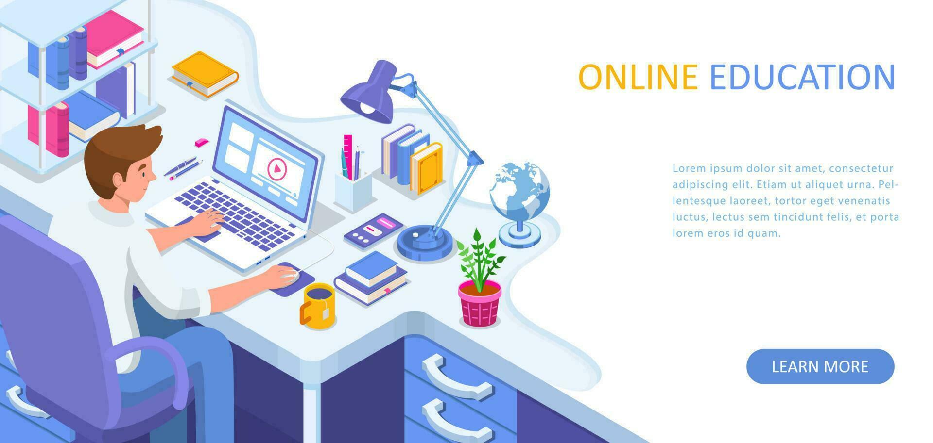 Learning online at home. Student sitting at desk and looking at laptop. E-learning banner. Web courses or tutorials concept. Distance education flat isometric vector illustration.