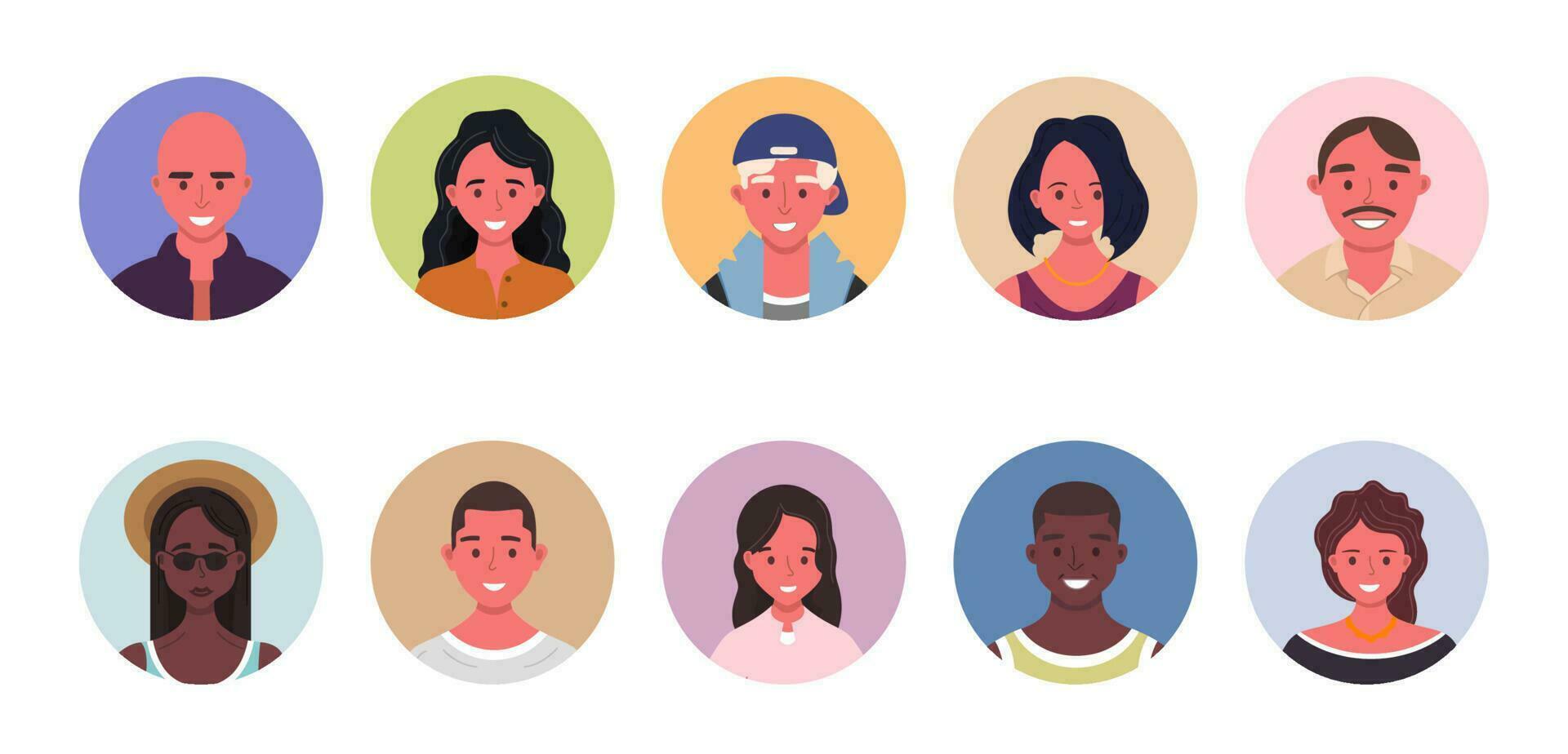 People avatar bundle set. User portraits in circles. Different human face icons. Male and female characters. Smiling men and women characters. Flat cartoon style vector illustration
