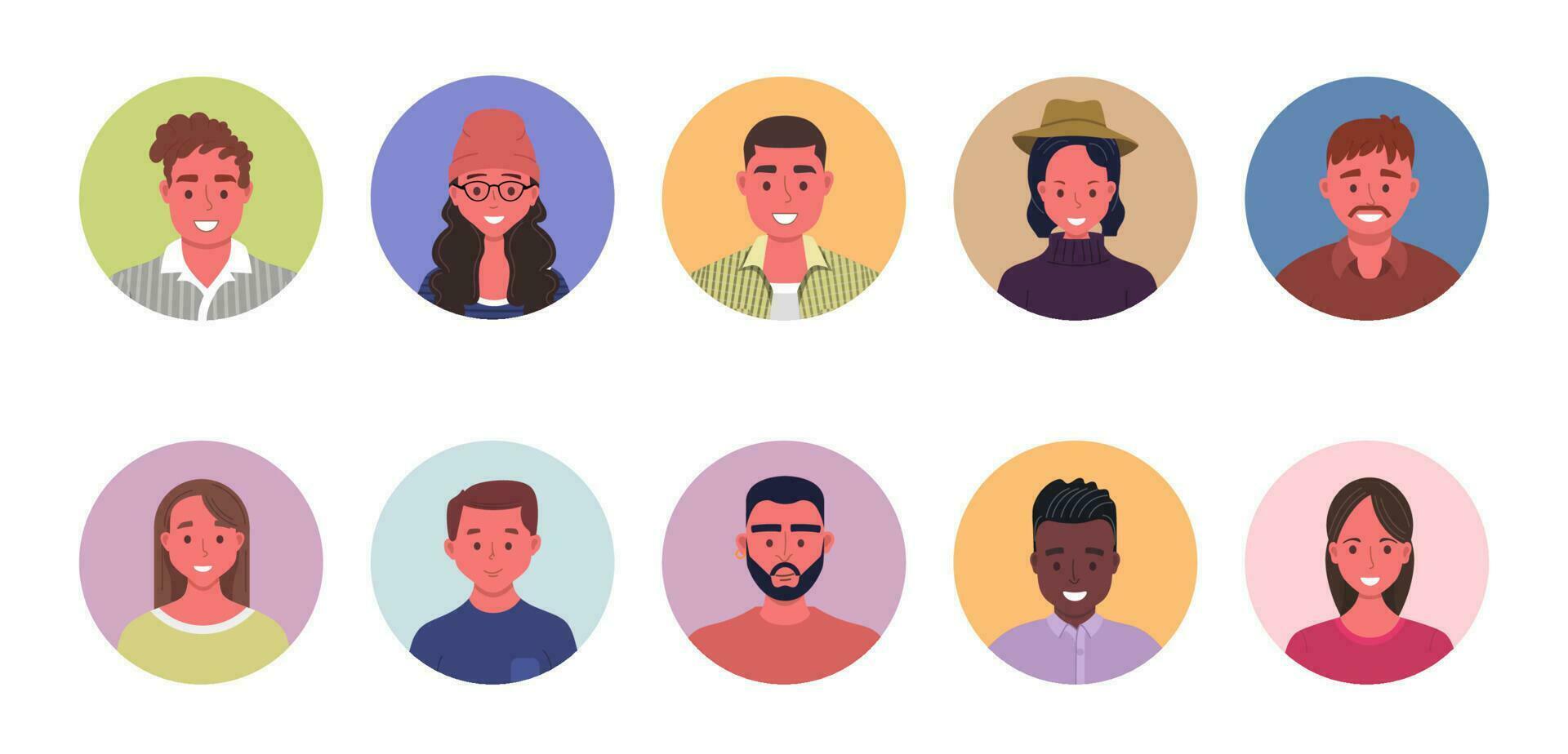 People avatar bundle set. User portraits in circles. Different human face icons. Male and female characters. Smiling men and women characters. Flat cartoon style vector illustration