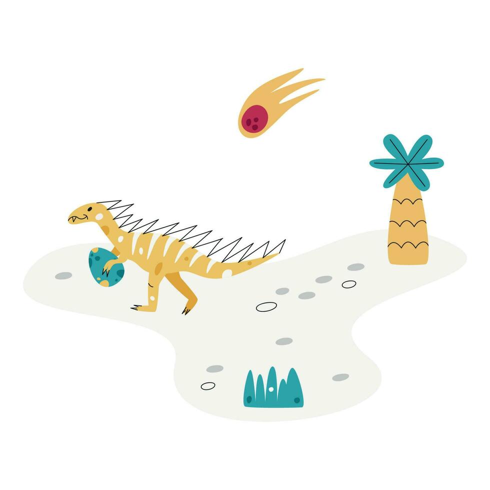 Flat hand drawn vector scene with dinosaur egg palm grass footsteps and comet