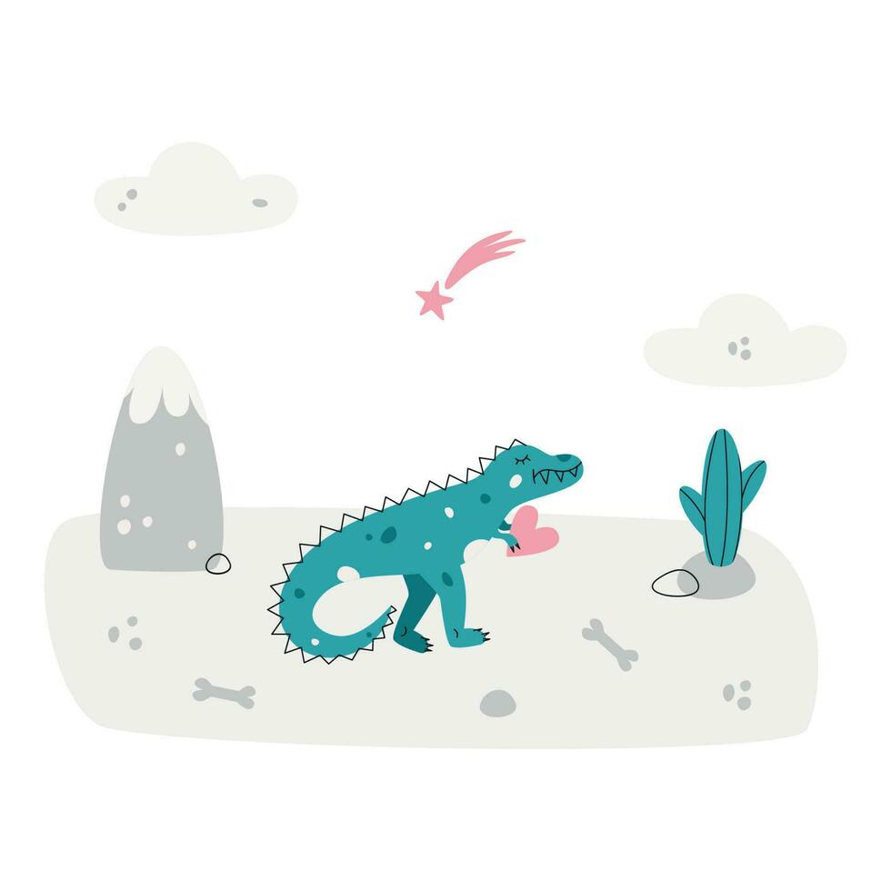 Flat hand drawn vector scene with dinosaur cactus bone cactus falling star and clouds