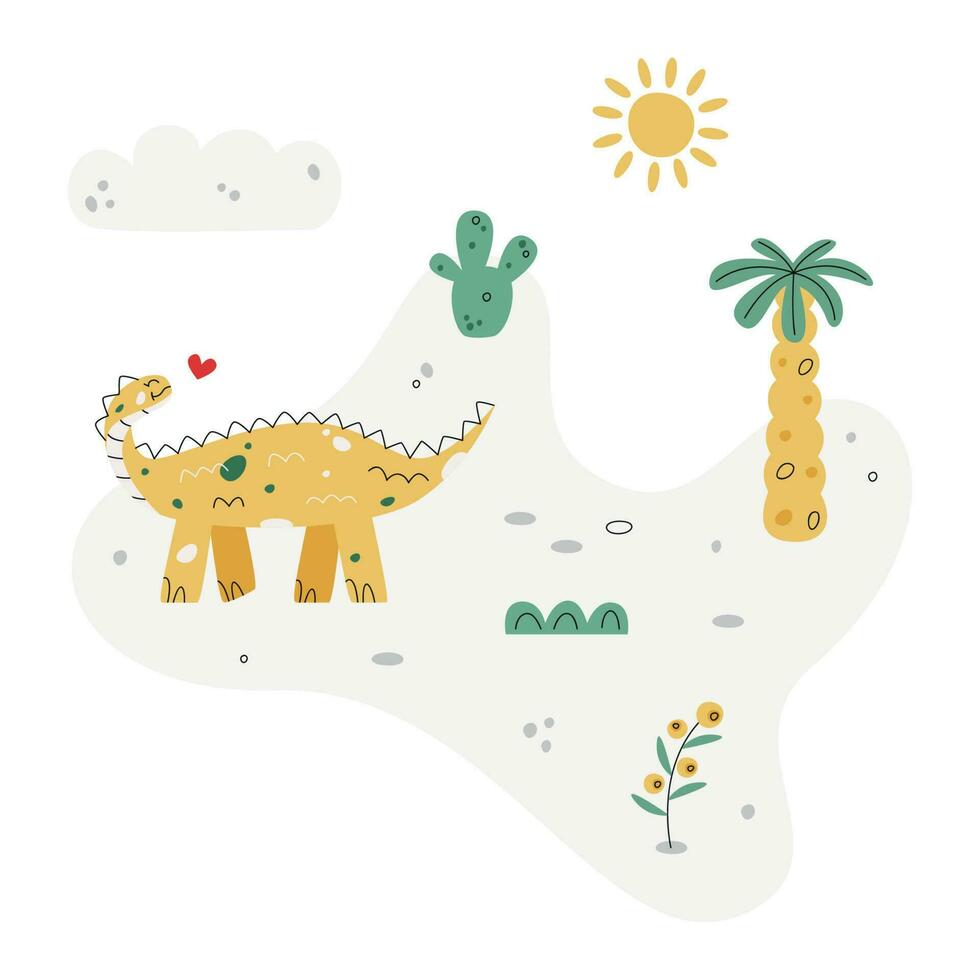 Flat hand drawn vector scene with dinosaur palm cactus grass flower cloud and sun