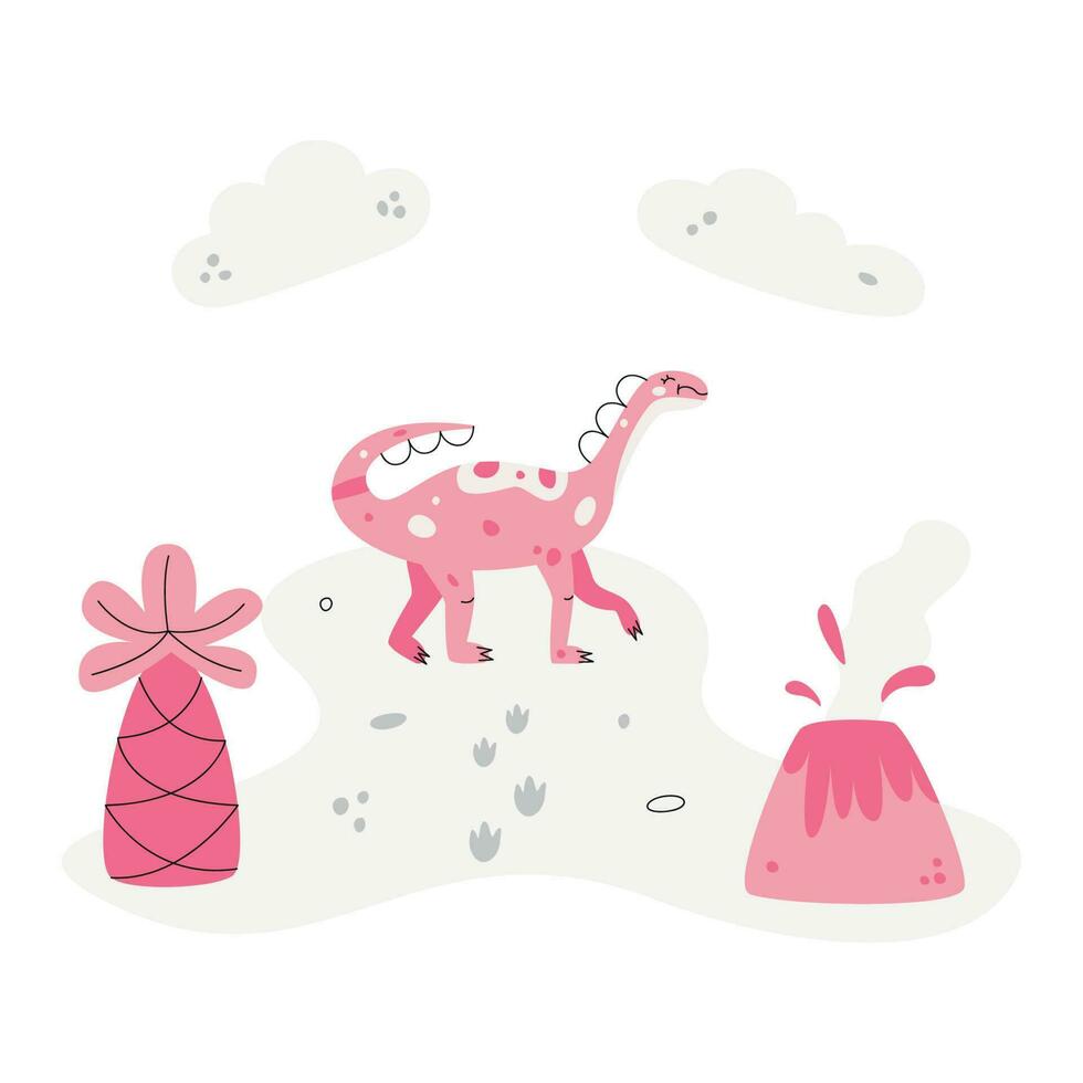 Flat hand drawn vector scene with dinosaur volcano palm and footsteps