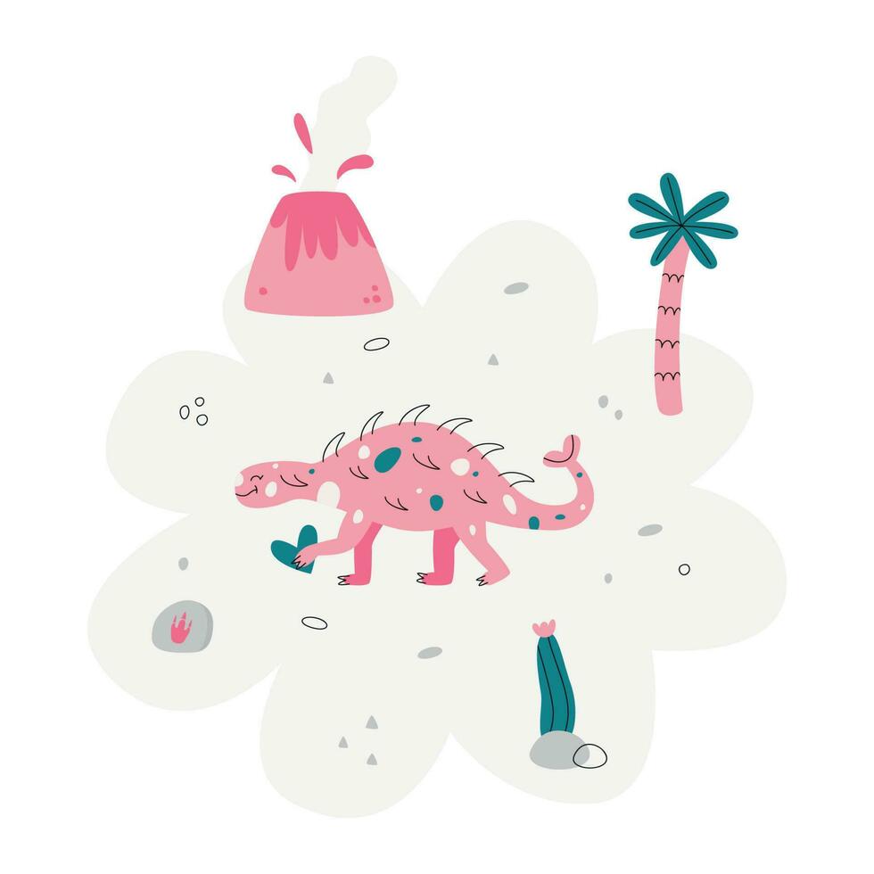 Flat hand drawn vector scene with dinosaur volcano palm footstep rock and cactus