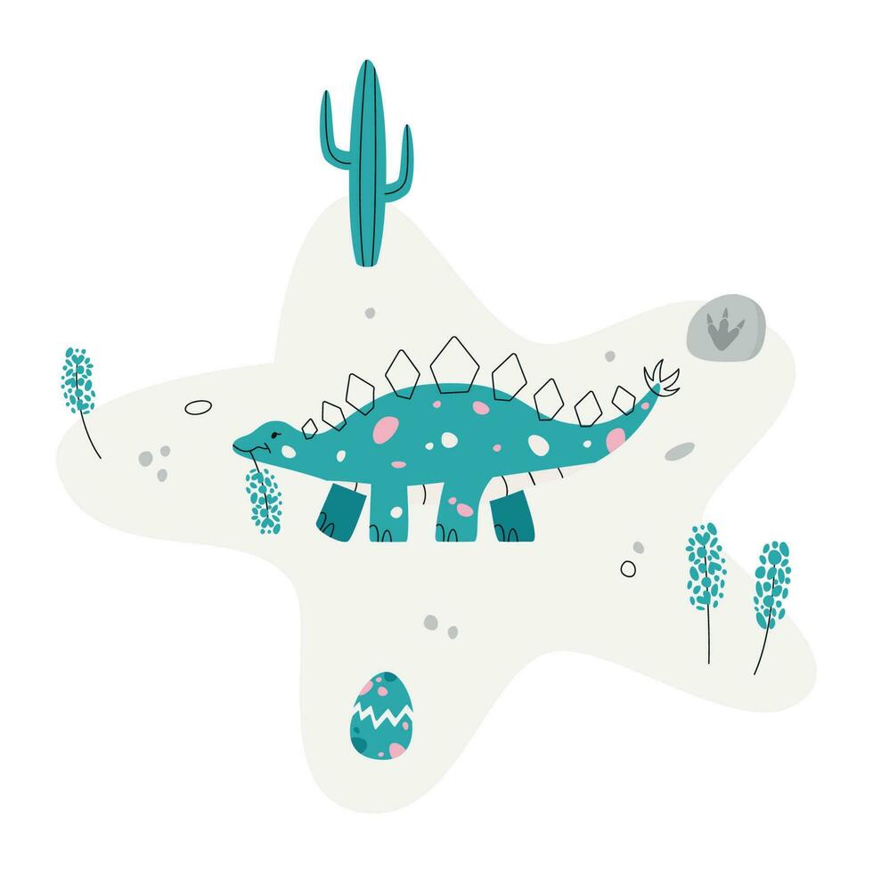 Flat hand drawn vector scene with dinosaur egg footstep rock flower and cactus