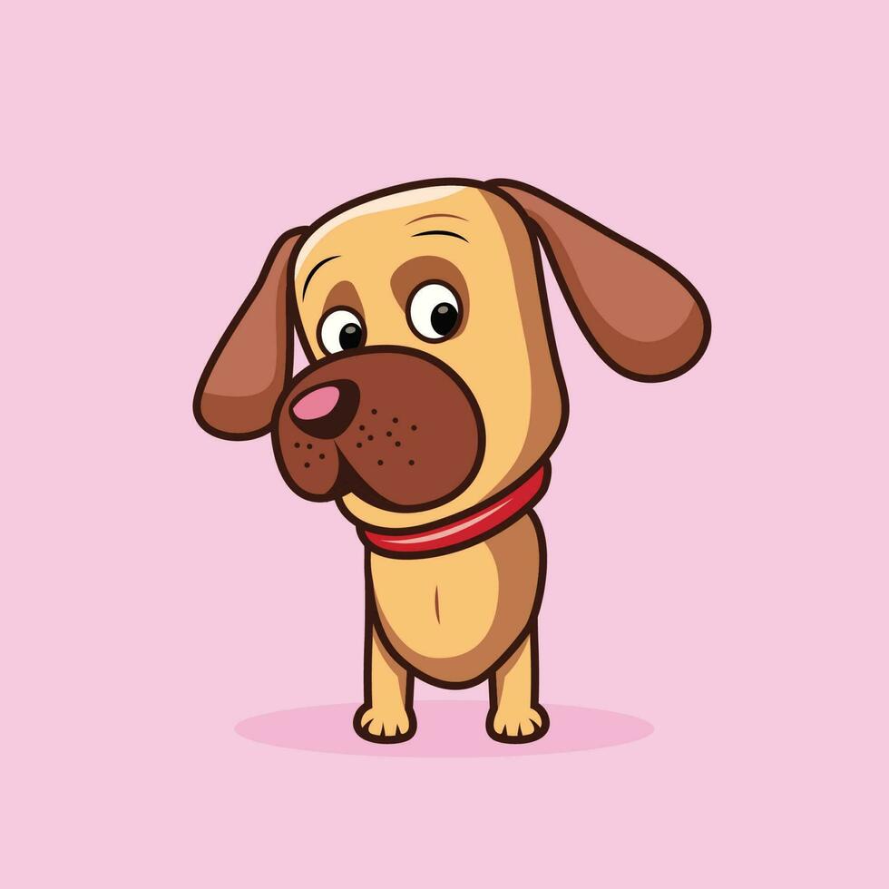 Funny cartoon dog character vector illustation. Front view adorable little dog art. Labrador puppy cartoon character isolated on pink background. Dog Animal mascot logo, sticker for tshirt design.