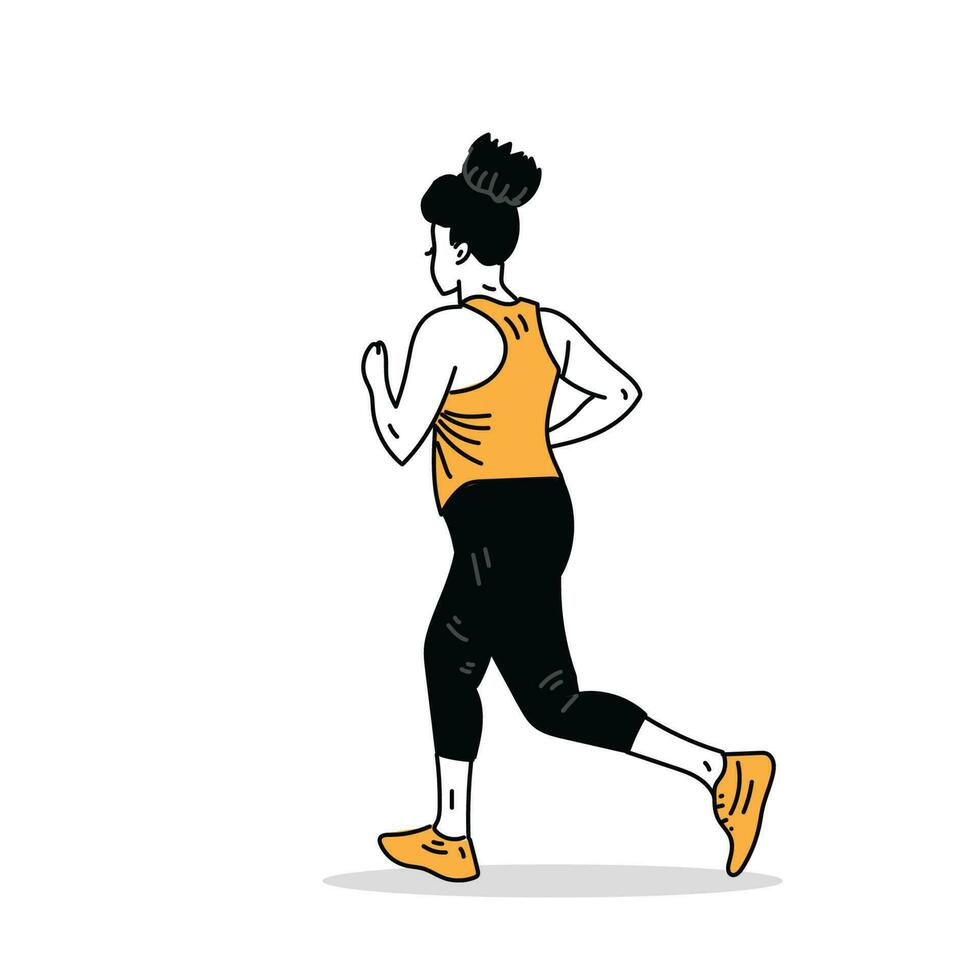 Running Woman character vector flat line art illustration. A girl doing fitness exercises.  Daily workout Active healthy lifestyle vector illustration on a white background.