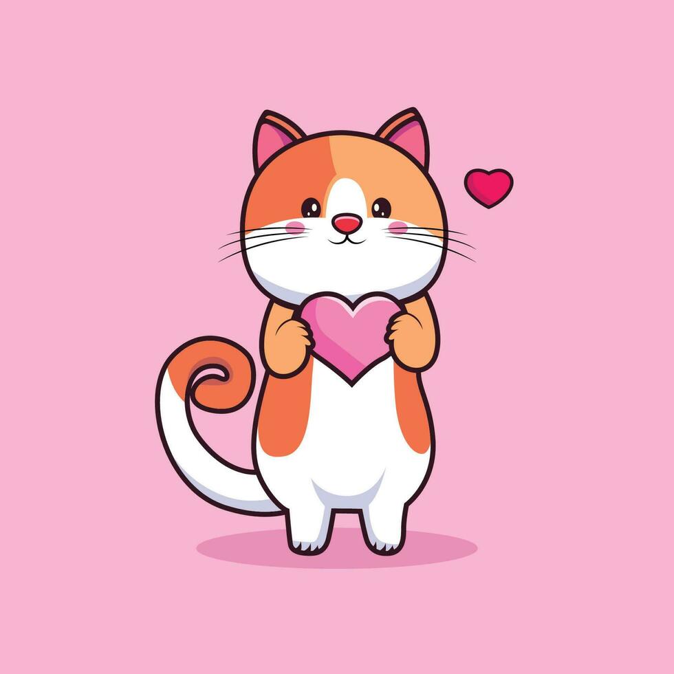 Cute cat holding love cartoon vector illustration. Cartoon character icon. Cattle Animal mascot logo, sticker for Valentine's Day t shirt design.