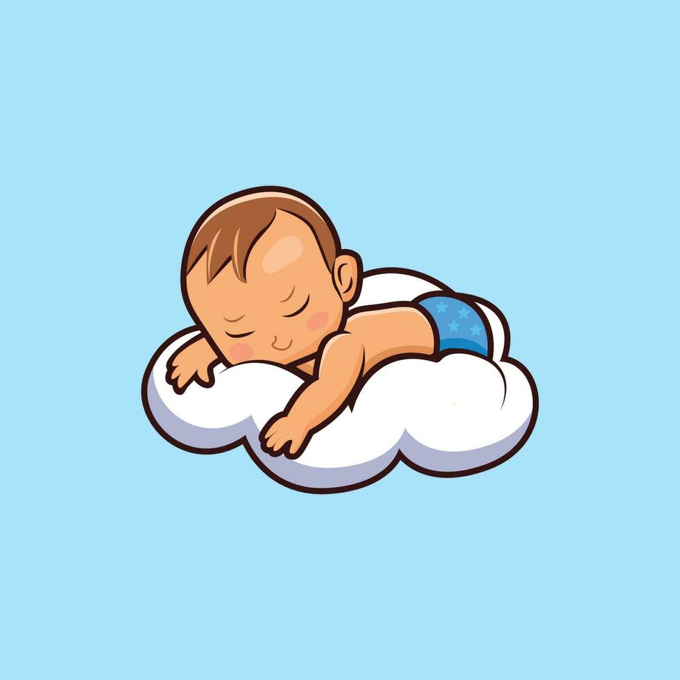 un linda bebé dormido en nube vector ilustración. recién nacido sonriente adorable pequeño chico personaje ilustración. dibujos animados bebé plano estilo vector icono.