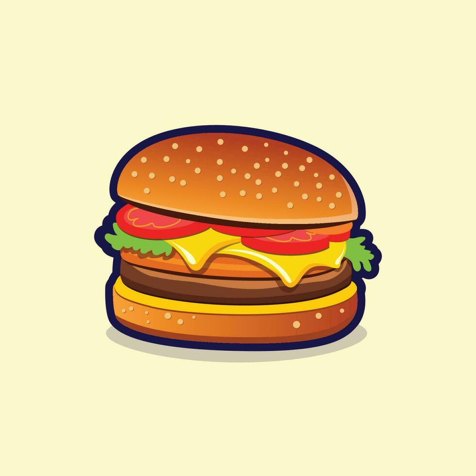 Cartoon cheese Burger vector illustration isolated on yellow background. Flat style Fast food clip art. Restaurant food menu sign and symbol. Western, Mexican, Asian food vector illustration.