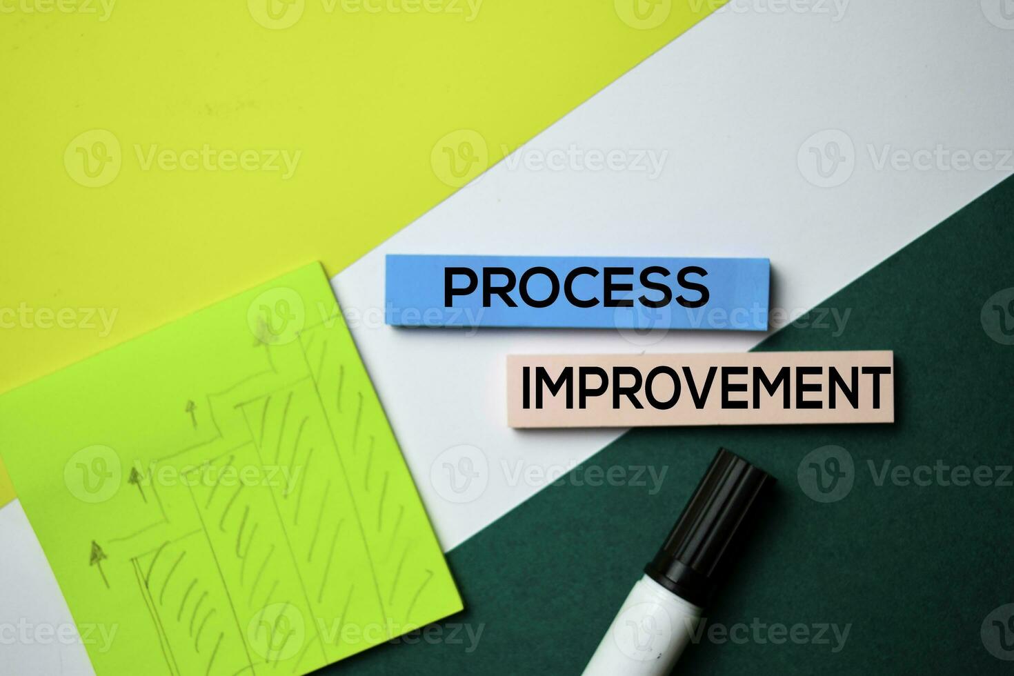 Process Improvement text on sticky notes with office desk concept photo
