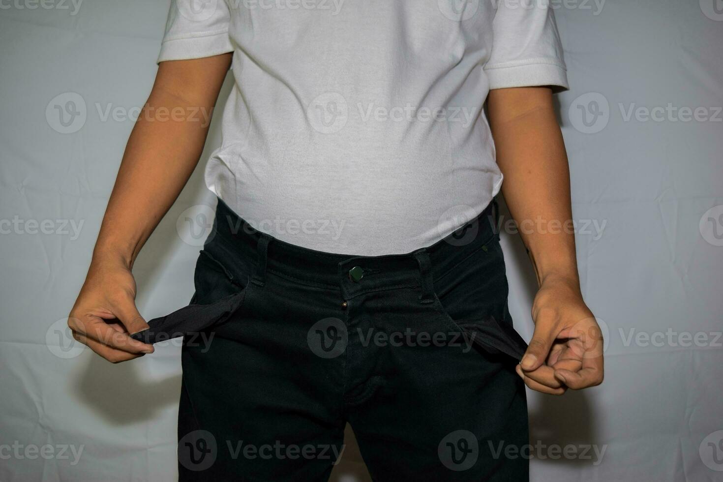 Close up Asian man shows his empty pockets isolated on white background photo