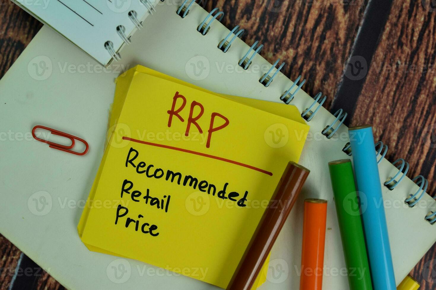 RRP - Recommended Retail Price write on sticky notes isolated on Wooden Table. photo