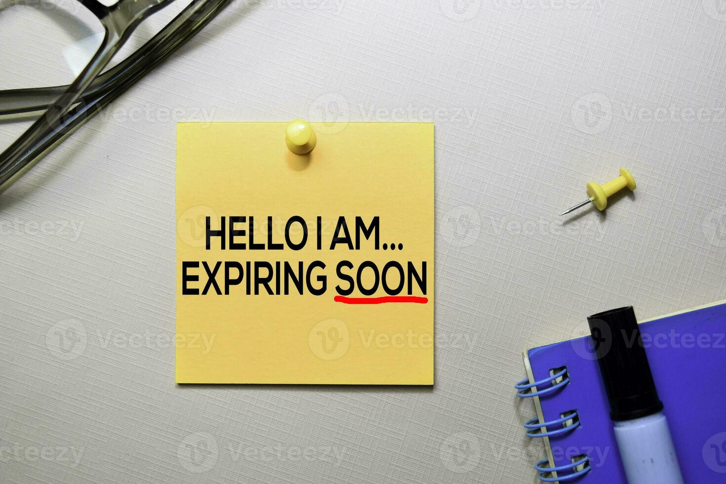 Hello I am Expiring Soon text on sticky notes isolated on office desk photo