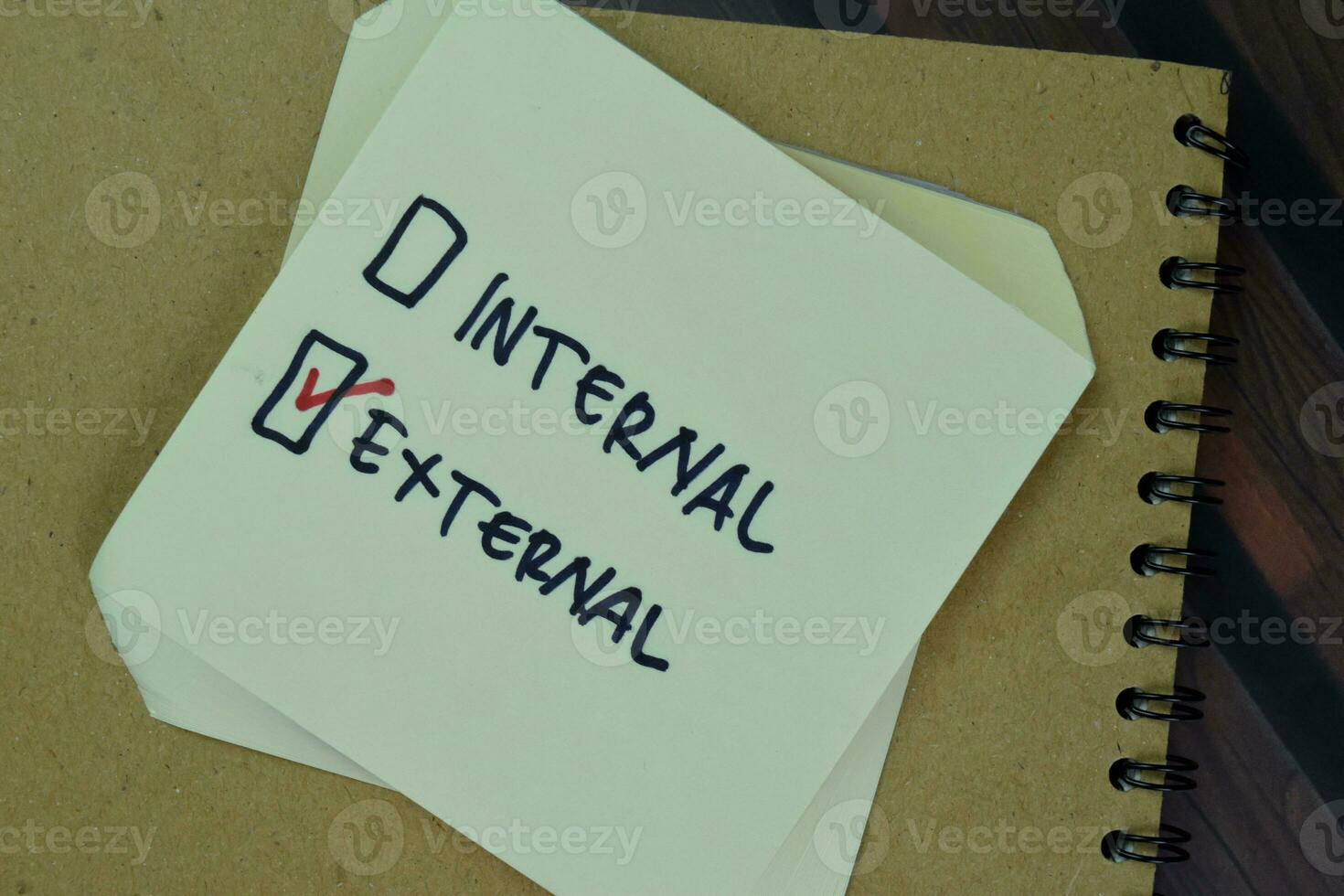 Concept of Internal or External write on sticky notes isolated on Wooden Table. photo
